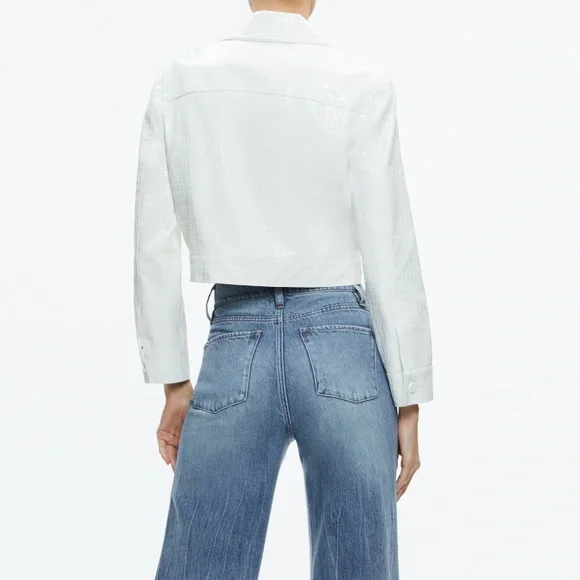 Alice + Olivia Chloe White Croc-Effect Faux Leather Crop Jacket Size XL NWT - Picture 2 of 16